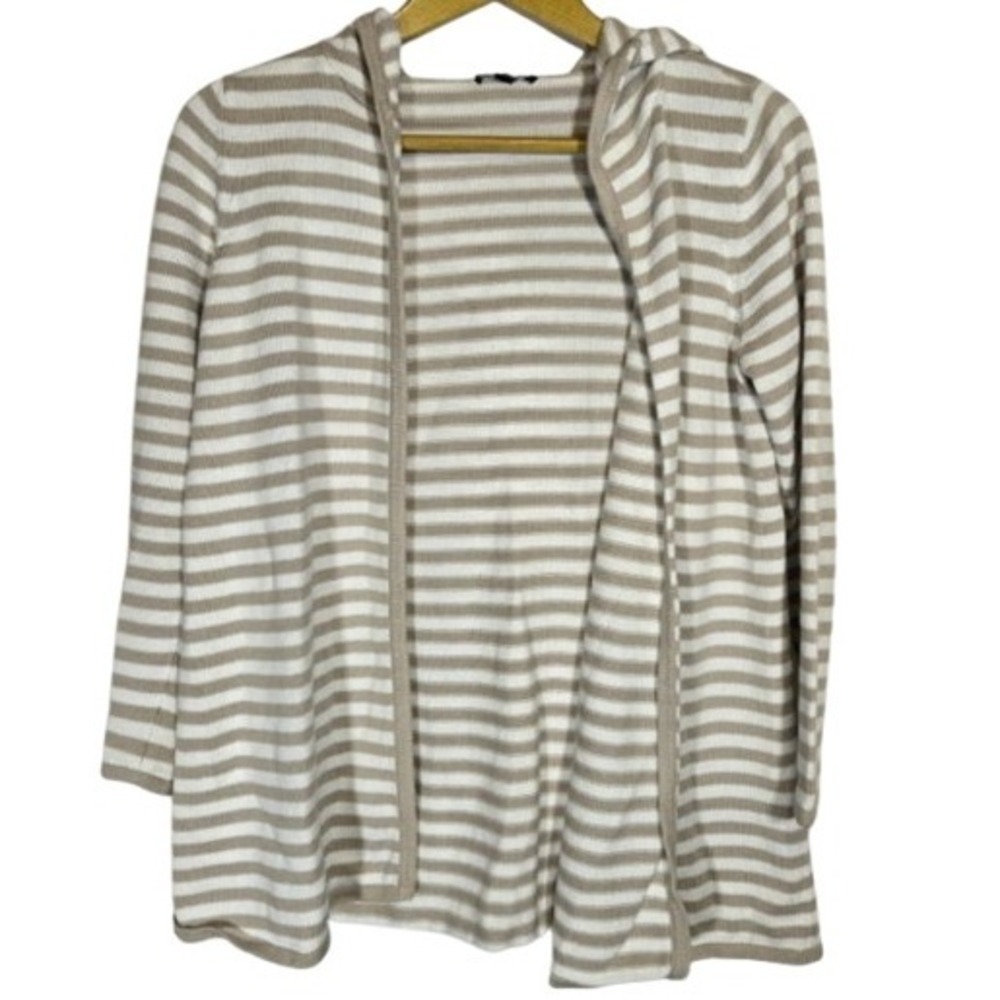 Eileen Fisher Organic Linen Blend Striped Open Knit Cardigan Hoodie Coastal XL‎
